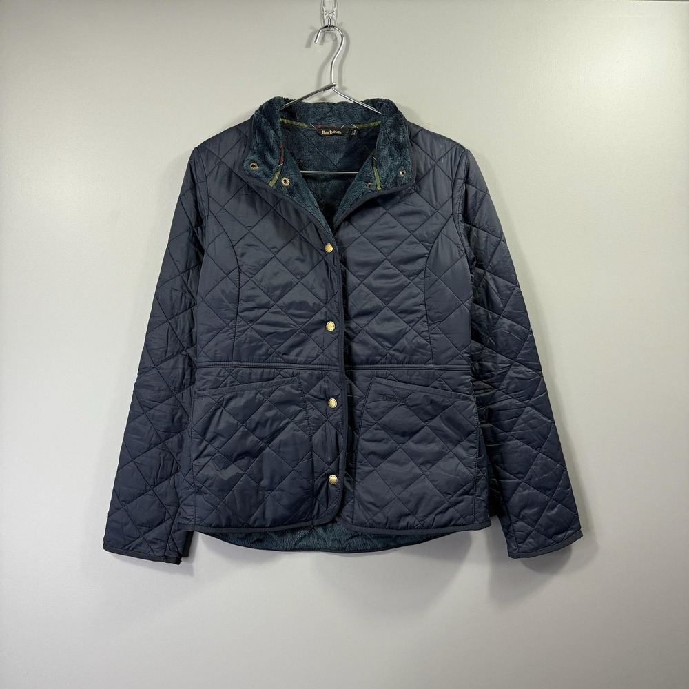 Barbour Quilted Jacket Womens 4 Blue Faux Fur Lined Snap Front Coat Pockets